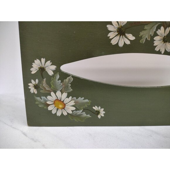Tole Painted Wooden Tissue Box Cover Rectangle Daisy Floral Hand Painted Green - Picture 3 of 13